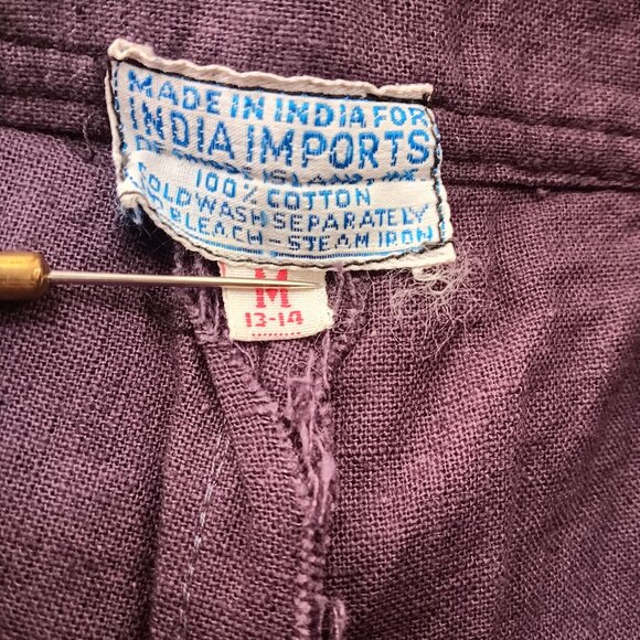 Medium 13-14 Vintage 1970's Ture Boho Wide-Leg Purple Linen Pants Belt Tie India - Picture 8 of 8
